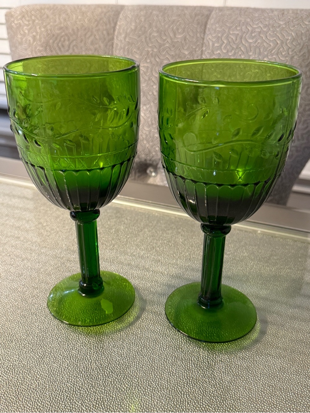 Green Pressed Glass Goblets - Set of 2
